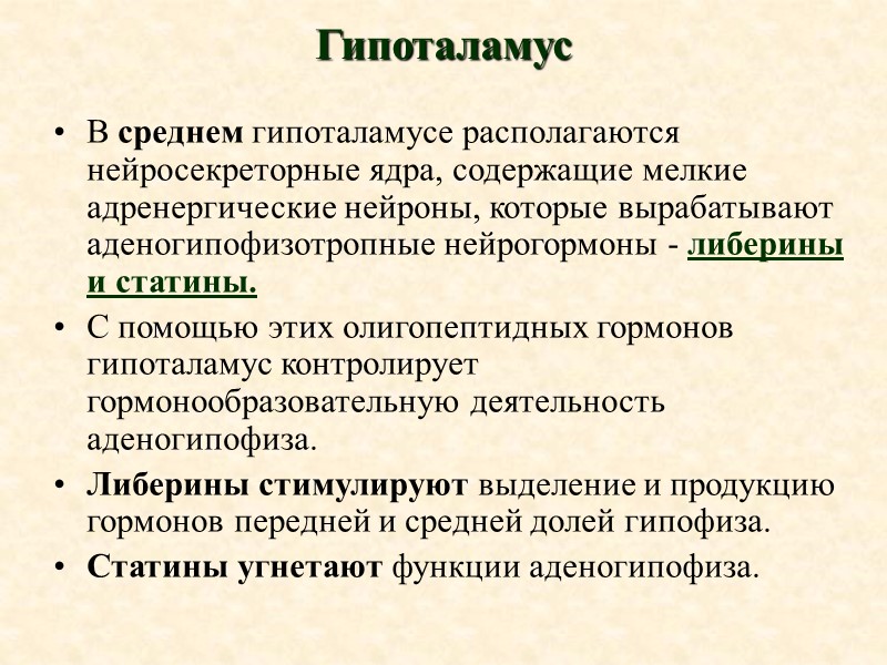 Гипоталамус В среднем гипоталамусе располагаются нейросекреторные ядра, содержащие мелкие адренергические нейроны, которые вырабатывают аденогипофизотропные